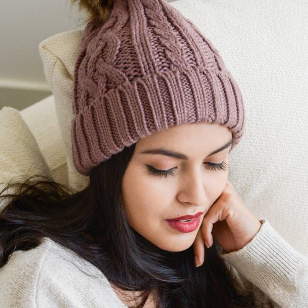 Purple Knit Pom Beanie